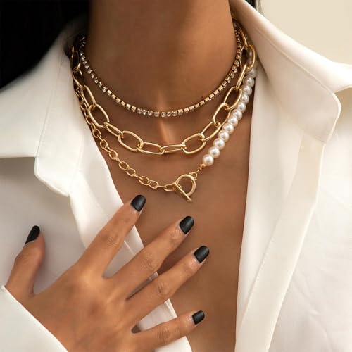 Gold Stack Necklace Chunky Necklaces for Women Trendy Coin Pendant Long Necklaces Western Jewelry for Women Cowgirl Cowboy Chic Country Outfit Boho Accessories Birthday Jewelry Gifts - color: C Gold Pearl Choker Necklaces Set