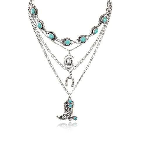 Western Necklaces Boho Layered Charm Necklace for Women Turquoise Beaded Choker Ox-head Pendant Necklace Western Jewelry for Women Cowgirl Accessories - color: Style-H