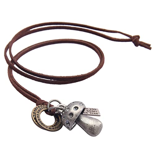 PU Leather Necklace Vintage Boho Style Multilayer Pendant Long Sweater Necklace Jewelry for Women Men with Adjustable Leather Cord - color: Mushroom Pendant Leather Necklace