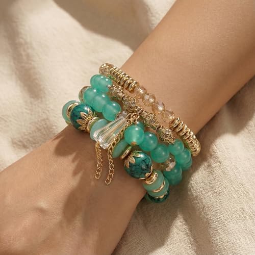 Bohemian Bracelet Sets for Women - 4-Pack Stackable Stretch Bead Bracelets with Black＆White Crystal & Gold Accessories, Multi-Layer Boho Jewelry - color: dark green