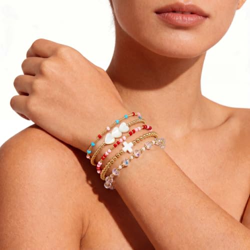 Dainty Gold Plated Pearl Crystal Beaded Bracelets Set for Women 14K Gold Plated Bead Pearl Beads Bracelet Stackable Paperclip Link Chain Bracelets Gold Plated Bracelets for Women Trendy Jewelry - color: Style4-gold bracelets set4