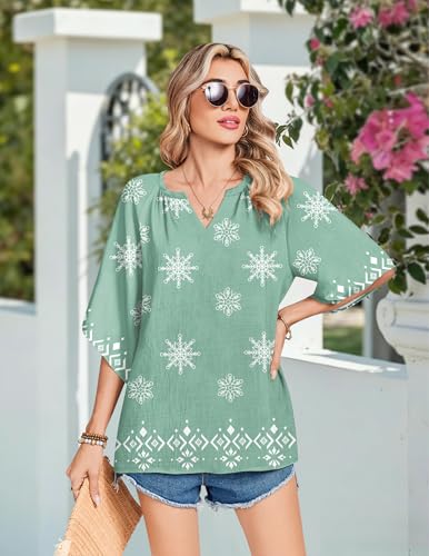 Zeagoo Womens Tops 3/4 Sleeve V Neck Bohemian Blouses Casual Loose Fit Tunic Boho Shirts Floral Printed Clothes - color: Light Green Mz915, size: Large