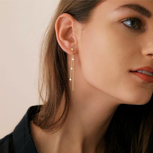 NECOCY Gold Dangle Earrings for Women Non Tarnish 14K Gold Plated Drop Wedding Hypallergenic Earring Dainty Long Hanging Chain CZ Pearl Threader Earrings Trendy Silver Plated Jewelry for Women - style: Gold&Style15