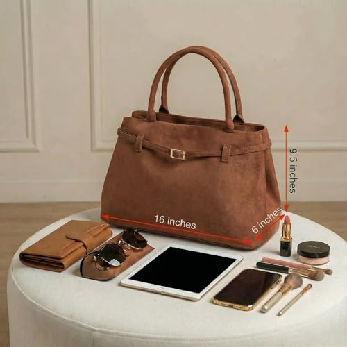 Base’ic Women’s Suede Tote Bag with Gold Hardware – Trendy Slouchy Shoulder Hobo Satchel Handbag Work Purse Travel Gift - color: Brown (Gold Hardware)