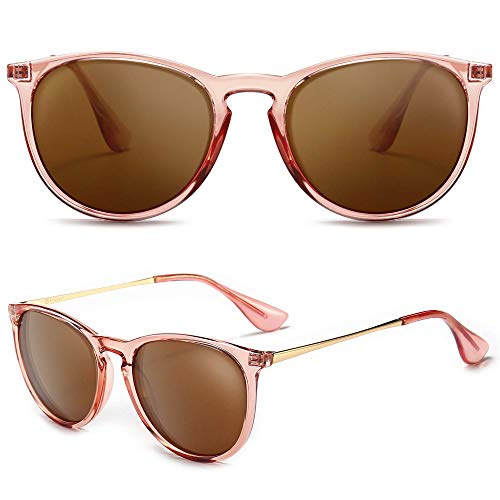 SUNGAIT Premium Vintage Round Sunglasses for Women Men Classic Retro Trendy Style - color: 09 Pink Brown Frame (Glossy Finish)/Polarized Light-brown Lens