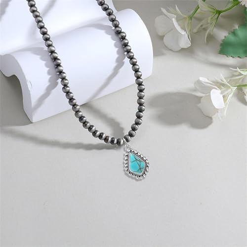 coadipress Navajo Pearl Necklace Western Jewelry for Women Boho Beaded Choker Necklaces Vintage Turquoise Pendant Cowgirl Necklace - style: Rhombus