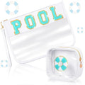 Hillban 2 Pcs Pool Bag Makeup Cosmetic Bag Clear Sunscreen Toiletry Zipper Pouch Beach Travel Summer Stuff Preppy Chenille Letter Patch Pouch PVC Waterproof Organizer Storage Mini Purse for Women - style: Pool Theme