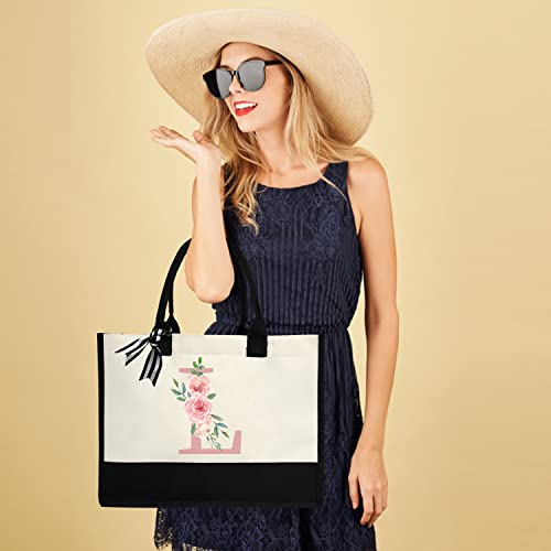 Initial Canvas Tote Bag for Women, Beach Bag with Inner Zipper Pocket Personalized Gifts for Wedding, Birthday | Initial - color: L