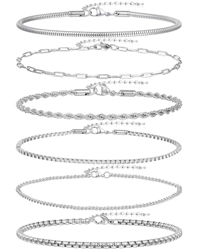 6Pcs Stainless Steel Chain Bracelets for Men Women 2mm Cuban Snake Twists Rope Box Beads Paperclip Link Chain Bracelet Sets Jewelry Gifts 7 Inches Length Adjustable - style: A:6 Silver-Chains