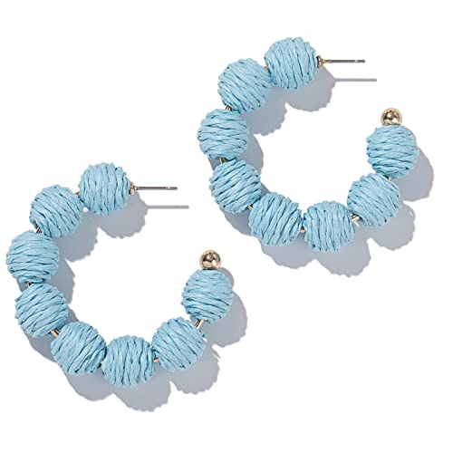 Raffia Hoop Earrings Statement Boho Beaded Earrings Cute Rattan Handmade Colorful Jewelry for Women Unique Summer Outfits - color: Light Blue