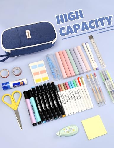 SUNEE Cute Pencil Case, Aesthetic Pen Pouch, Colored Large Pencil Bag with Zipper, Kawaii Stationery Storage and Organizer, School Supplies for Teen and Adult Girls, Navy Blue - color: Navy Blue