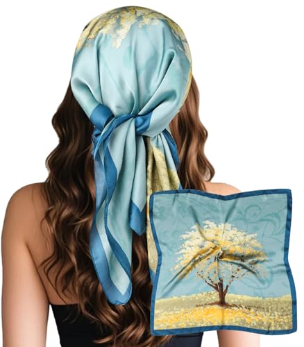 Sumolux Head Hair Scarf for Women Like Satin Silk Scarf Bandana Hair Wrapping Night Large Square Scarves 27.5" - color: Blue Oil Painting