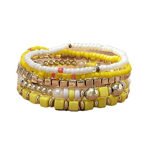 COLORFUL BLING 5Pcs/Set Bohemian Stackable Beads Bracelet for Women Multilayer Boho Seed Statement Stretch Strand Bracelet Friendship Women Jewelry - color: yellow