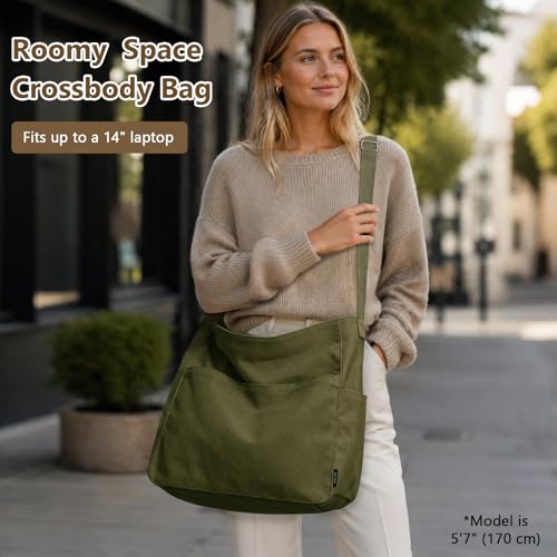 KALIDI Canvas Tote Bag Large Hobo Crossbody Shoulder Handbag Zipper Messenger Bag for Women or Men Casual College Work - color: Army Green