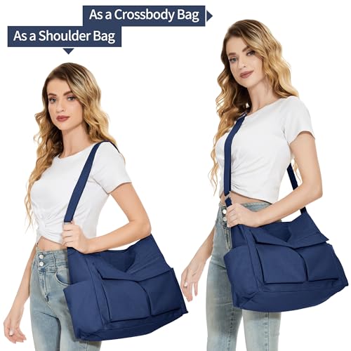 KALIDI Canvas Tote Bag Large Hobo Crossbody Shoulder Handbag Zipper Messenger Bag for Women or Men Casual College Work - color: Upgraded Deep Blue