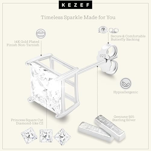 KEZEF Sterling Silver Stud Earrings for Women & Men - 4-Prong Setting Cubic Zirconia Earrings Studs - Premium CZ S925 Hypoallergenic - Available in 14K White and Yellow Gold, Rose Gold - 3mm to 9mm - color: 14K White Gold, size: 4mm - Small