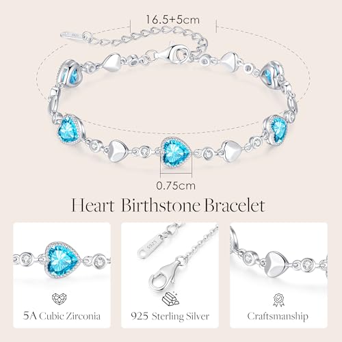 925 Sterling Silver Birthstone Heart Bracelet Jewelry Gift for Women | Rose Gold Plated Bracelets,Hypoallergenic,Adjustable Chain Personalized Anniversary Christmas Jewelry Gift for Mom Wife - color: Sterling Silver-12-Dec