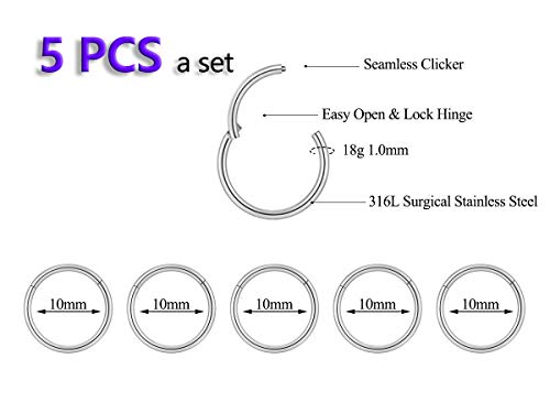 5Pcs 16G 18G Surgical Steel Nose Rings Hoop Tragus Septum Cartilage Hoop Earrings For Women Men Body Piercing Jewelry Kit Bar Length 6mm/8mm/10mm/12mm/14mm - style: 5Pcs -18G - Steel - 10mm