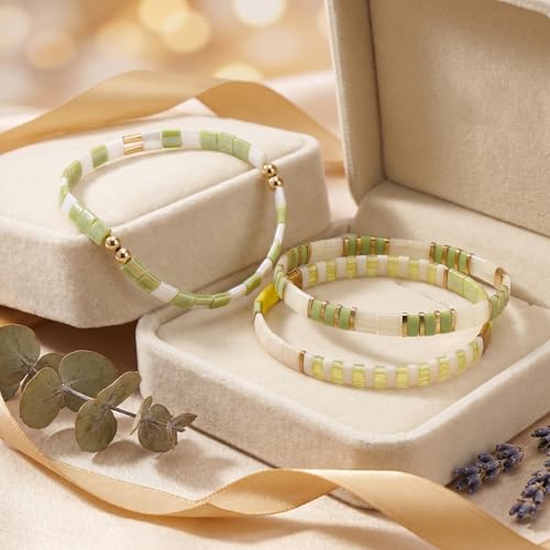 Tila Flat Square Stack Beaded Bracelets Set for Women Men, Boho 3Pcs Romantic Handmade Healing Gold Colorful Stretch Accessories Jewelry, Daily Vacation Party Holiday Friendship Gift - color: Mint Lemon White