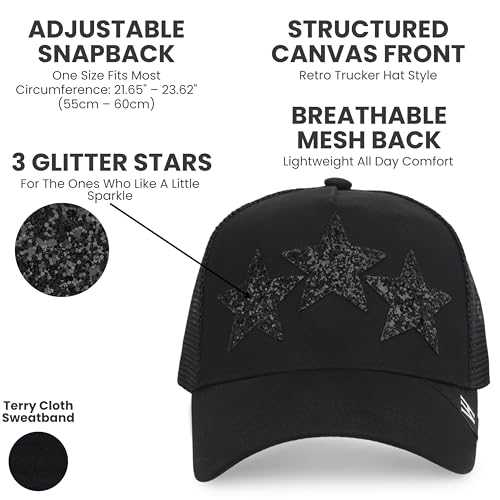 VINTAGE HAVANA Trucker Hats Women | Mesh Adjustable Snapback Hat | Men & Women Cute Trendy Fashion Baseball Cap - color: Black Glitter