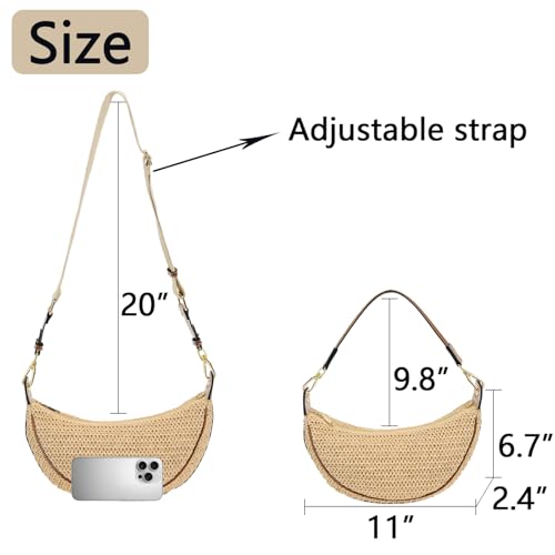 Straw Crossbody Bags for Women Crescent Woven Shoulder Handbag Summer Beach Hobo Purses with Adjustable Strap - color: Khaki