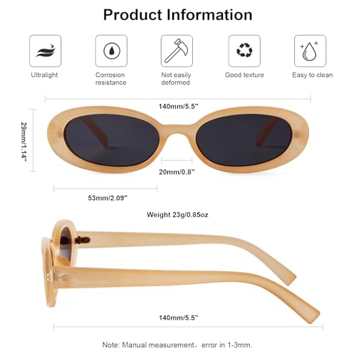 90s Sunglasses for Women Men Retro Small Oval Sunglasses - color: Light Tea/Grey