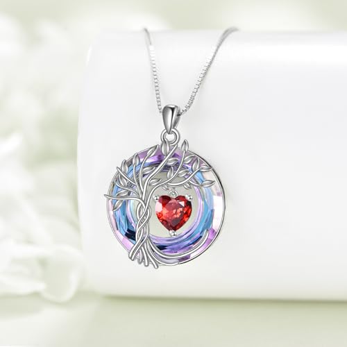 POPLYKE Mothers Day Gifts for Mom Her Wife Tree of Life Necklace 925 Sterling Silver Birthstone Pendant with Crystal Anniversary Birthday Wedding Jewelry for Women - color: 01-Jan-Garnet, style: White Gold Plated-Amethyst Crystal