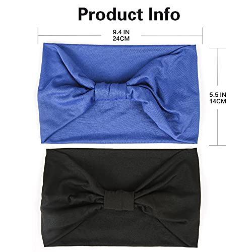 GiLi 2 Pack Wide Headbands for Women Boho African Knotted Non Slip Fashion Hair Bands Yoga Running Sports Workout Gym Head Wraps Elastic Soft Cotton Cloth Turbans Bandana for Girls(Black, Blue) - color: 2 Color (Black+Blue)