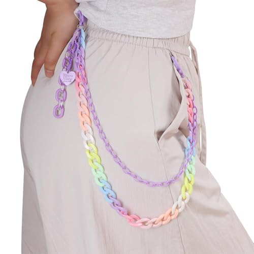 Y2k Heart Pendant Rainbow Acrylic Pants Trousers Chain for Women Chunky Colorful Resin Removable Love Charm Layered Rock Wallet Belt Pocket Waist Jeans Belly Chains Backpack Body Accessories - color: Purple