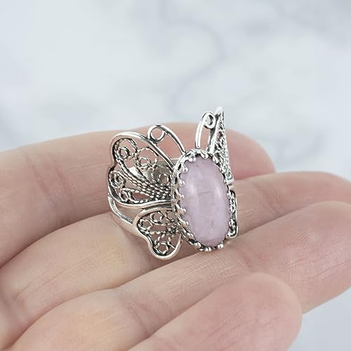 Filigranist Sterling Silver Filigree Art Butterfly Women Cocktail Ring with Gemstones - color: Rose Quartz