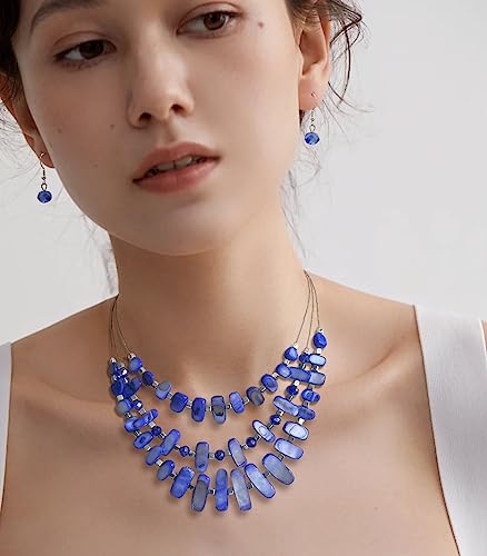 3 Layered Chunky Statement Necklace for Women Beaded Strand Necklaces with Earring Fashion Costumes Collar Necklace Jewelry Sets Gifts for Women - color: 50-Sapphire