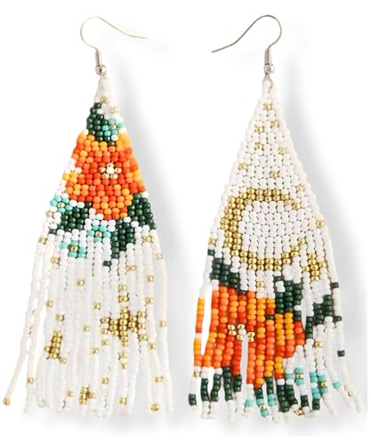 Long Beaded Earrings for Women, Statement Tassel Dangling Earrings, Native American Jewelry Boho Country Colorful Flower Moon Bead Gifts - style: Orange Blossom