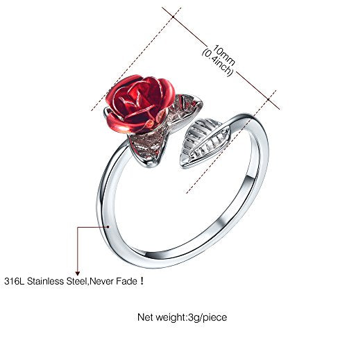 U7 Rose Flower Ring, Stackable Band Ring for Women Girls, Platinum Silver/Gold/Rose Gold Red Signet Rings Adjustable Fit Size 5 to 10 - color: Red Rose-Platinum