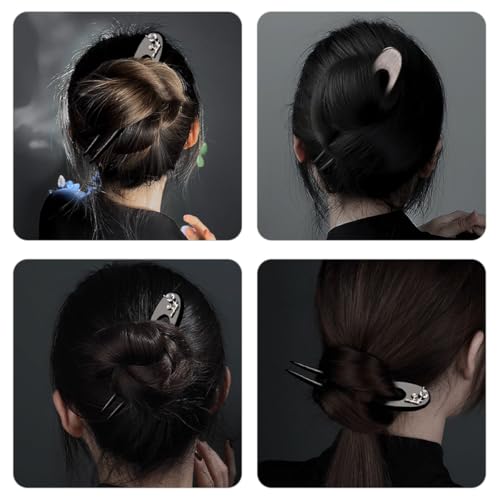 Uonlytech Ebony Wood U-shaped Hair Fork Hair Stick Chinese Style for Women Double Prong for Buns and Updos