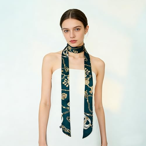 Long Thin Skinny Scarf Satin Neckerchief Ribbon Tie Waist Belt for Women - color: Green Chain