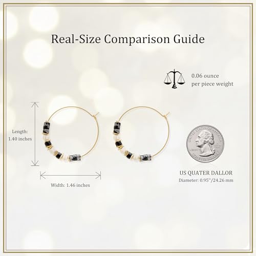 Natural Stone Beaded Hoop Earrings for Women, Boho Handmade Lightweight Hypoallergenic Trendy Summer Beach Accessories Fashion Jewelry Gift - color: Black