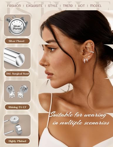 Jstyle 14K Gold Plated Stud Hoop Earrings for Women Hypoallergenic Surgical Steel Earring Stacks Silver Flat Back Earrings Trendy CZ Small Helix Cartilage Earring Sets for Multiple Piercing Jewelry