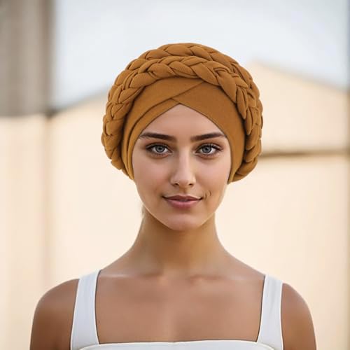 African Women Turban Caps Pre-Tied Twisted Turbans Head Scarf for Women Hair Wraps Cover Beanie Cancer Chemo Headwear - color: 1 Pack Double Twisted Braid: Brown