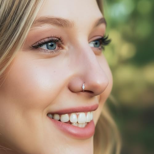 925 Sterling Silver & 14K Gold Filled Nose Ring Hoop Handmade Piercing Jewelry For Women - 24 Gauge 2mm,7mm Tiny Nose Ring with Opal - Gift Ready - color: White Opal Silver