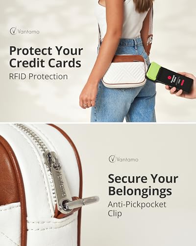 Vantamo Premium Quilted Crossbody Bags for Women with Anti-Pickpocket Clip, Vegan Leather Handbags, Travel Purses for Women - color: White & Brown With Jacquard Strap