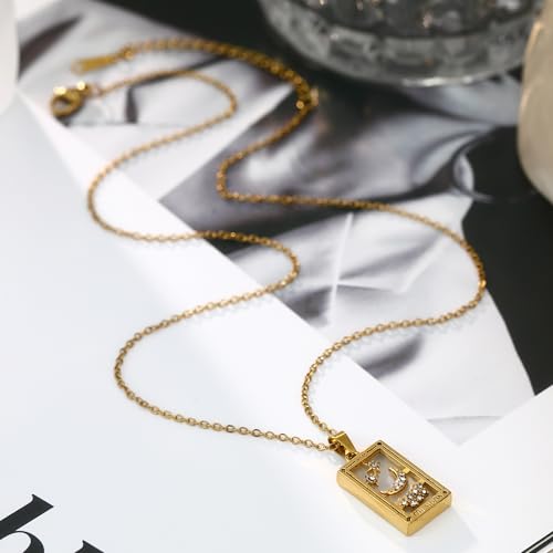 Gold Tarot Card Necklace for Women Men, Non Tarnish 18K Gold Plated Vintage Lucky Charm Square Pendant Talisman Amulet Necklaces Unisex Jewelry - style: The Moon