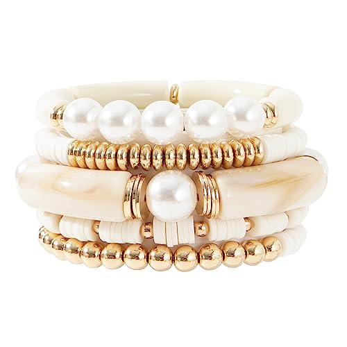 GOOJIDS Simple Beaded Gold Plated Bangles Bracelet Chunky Bamboo Tube Curved Stacking Clear Acrylic Colorful Beads Stretchable Gold Plated Bracelets Set For Women - color: A-A2 White Set