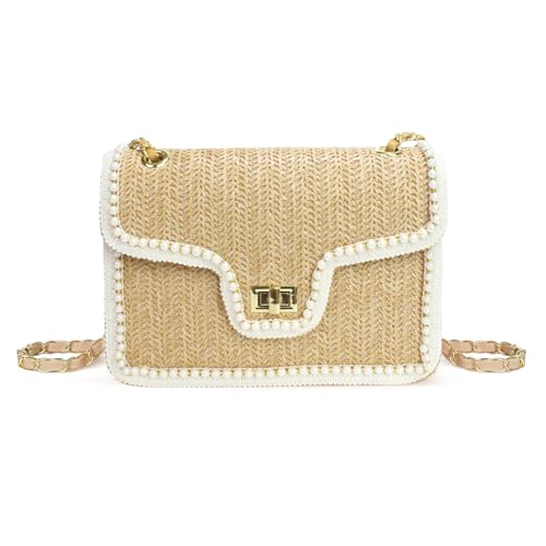 Straw Crossbody Bags for Women,Summer Beach Purse Vacation Shoulder Handbags with Pearl Trim - color: Khaki