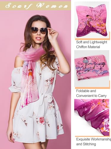 6 Pieces Scarves for Women Ladies Lightweight Silk Gorgeous Floral Pattern Lotus Print Chiffon Scarves - color: Magpie Nature Pattern