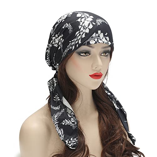 ZLYC Chemo Headwear Pre Tied Head Scarf Headwraps Lightweight Turban Beanie Cap for Women - color: Leaves Black
