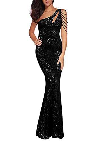 Women One Shoulder 1920s Plus Size Formal Dress Tassels Sleeve Sequins Gatsby Maxi Evening Gown - color: A-black, size: XX-Large