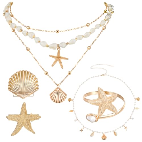 Tondiamo 7pcs Beach Jewelry Set for Women, Gold Starfish Seashell Waist Body Chain, Hair Clips, Seashell Starfish Necklaces Stackable, Gold Pearl Arm Cuff Bracelet Beach Vacation Mermaid Accessories