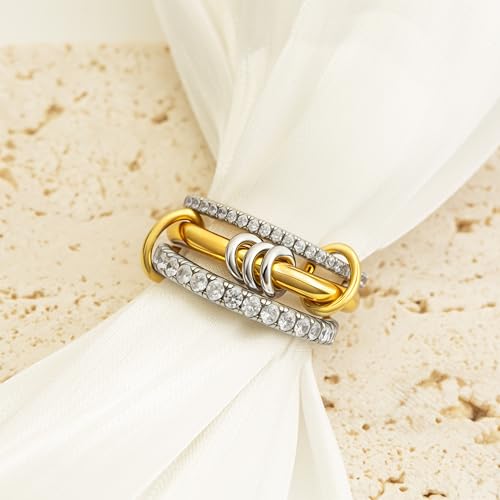 Gold Stackable Rings for Women Non Tarnish, 18k Gold Plated Cubic Zirconia Rings, Silver Gold Multi Ring Mixed Metals Stack Rings Set - color: 2 stones rings, size: 8