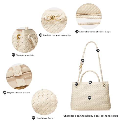 Woven Tote Bag Womens Purse: Vegan Leather Shoulder Handbags - Fashion Summer Beach Tote Bags - Large Travel Totes - color: A2 Medium Off-white