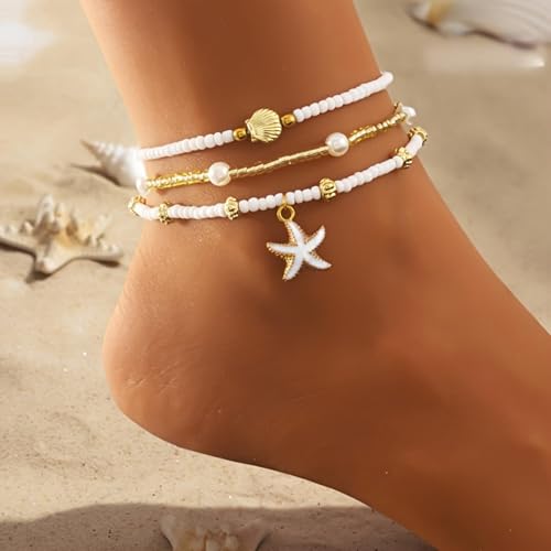 3Pcs Bohemian Beaded Anklet Set for Women, Faux Pearl Shell Starfish Summer Beach Ankle Bracelets, Vacation Holiday Foot Jewelry